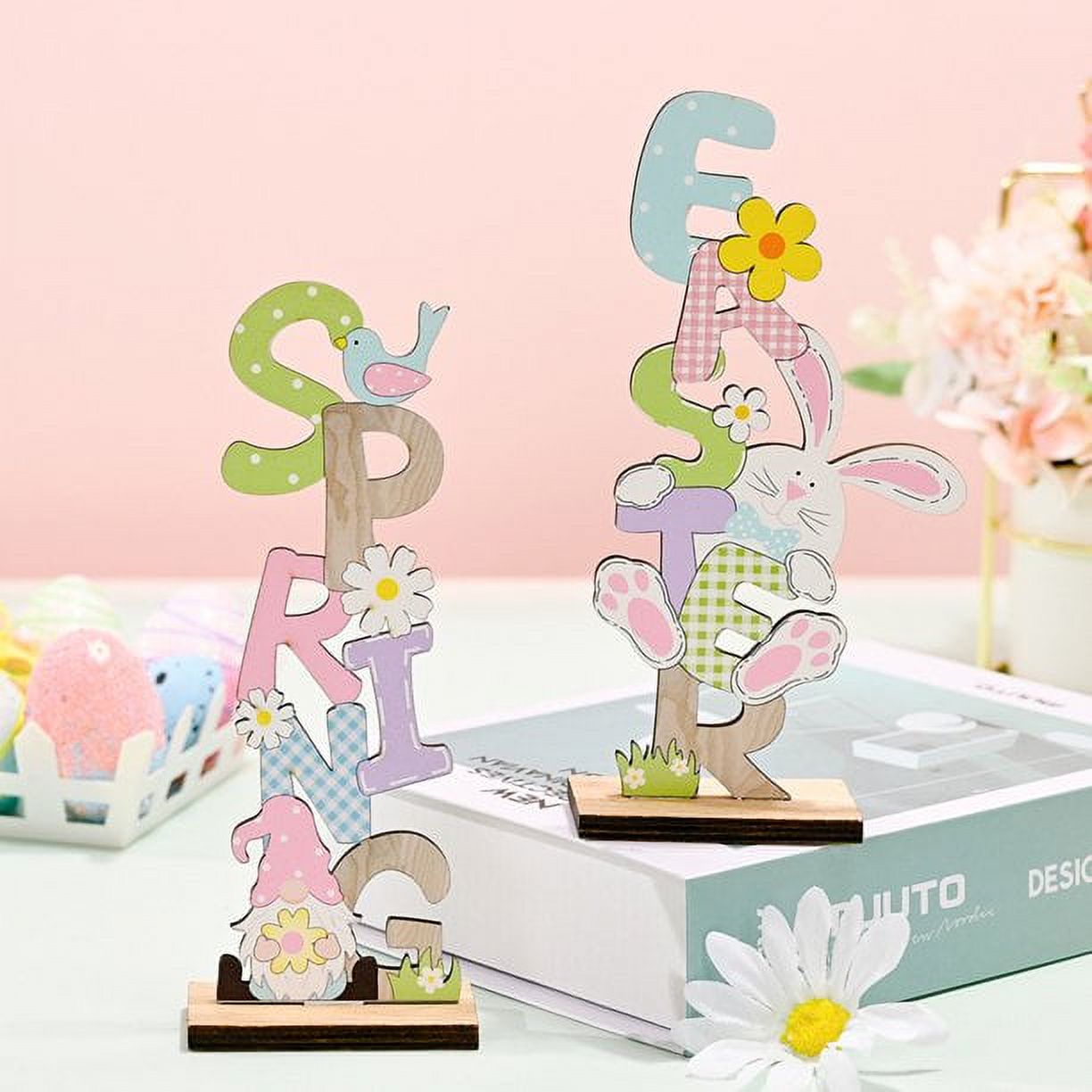 2 Pcs Easter Decorations Wooden Bunny Letter Printing Crafts Ornament Easter Decor for Home Table Party Arrangement Kids Gift